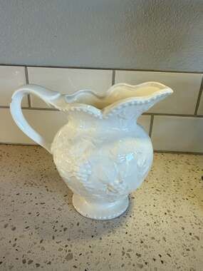Vintage Ardco Dallas Japan Embossed Grape and Leaf White Ceramic Pitcher